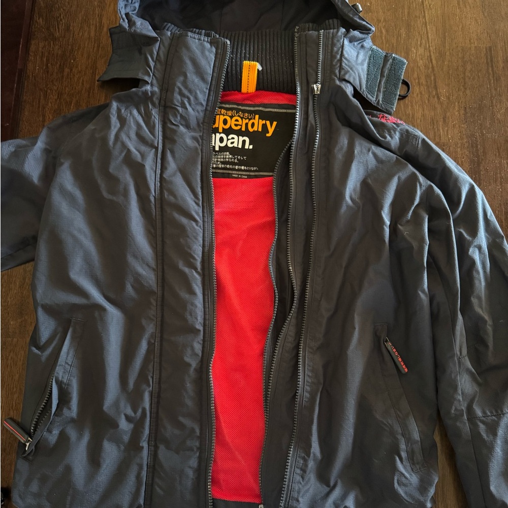 Superdry Men's Dark Gray Raincoat with Red Inner Panel